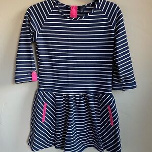 Girls Nautical Navy and White Striped Dress with Pink Accents